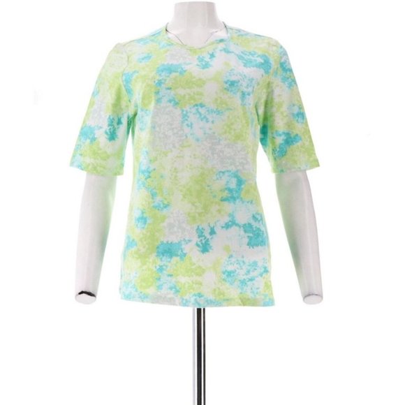 NWT DENIM & CO. PERFECT JERSEY ELBOW SLEEVE WATERCOLOR TOP LIGHT TURQUOISE XXS - Picture 1 of 8